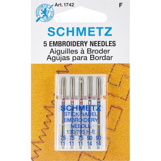 Euro-Notions Schmetz Embroidery Machine Needles, 11/75 (3) &#x26; 14/90 (2)